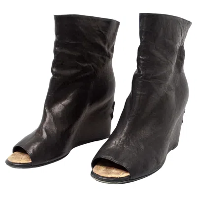 Pre-owned Chanel Black Lambskin Leather Peep Toe Wedge Ankle Boots