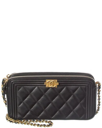 Pre-owned Chanel Black Lambskin Leather Quilted Small Boy Clutch With Chain (authentic  Pre-loved)