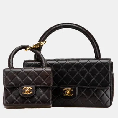 Pre-owned Chanel Black Lambskin Parent Child Kelly Set Top Handle Bag