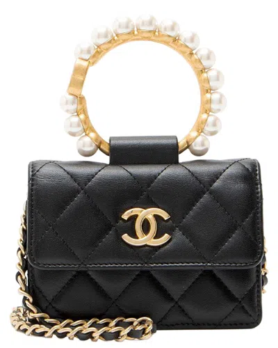 Pre-owned Chanel Black Lambskin Pearl Crown Clutch With Chain (authentic Pre-loved)