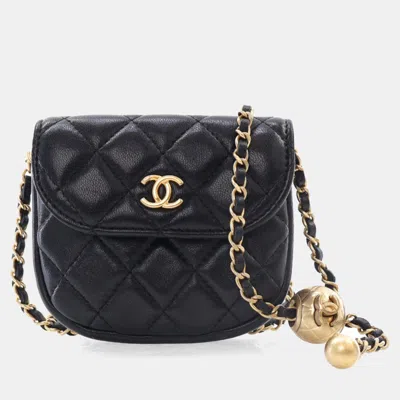 Pre-owned Chanel Black Lambskin Pearl Crush Mini Waist Bag