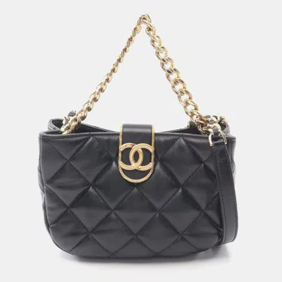 Pre-owned Chanel Lamb Sheep Leather Cc Matelasse 2 Way Chain Shoulder Bag In Black