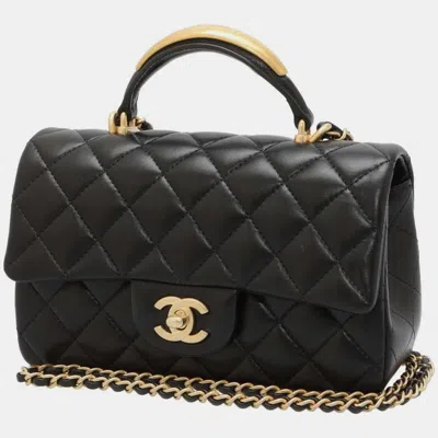Pre-owned Chanel Black Lambskin Top Handle Mini Flap Bag