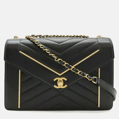 Pre-owned Chanel Black Lambskin V-stitch Chevron Coco Mark Chain Shoulder Bag