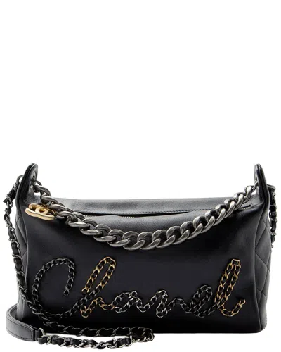 Pre-owned Chanel Black Lambskin Written In Chain Hobo (authentic Pre-loved)