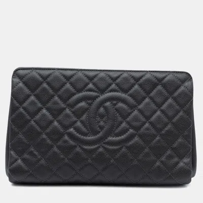 Pre-owned Chanel Black Large Cc Quilted Caviar Cc Clutch