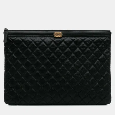 Pre-owned Chanel Black Large Lambskin Boy O Case Clutch