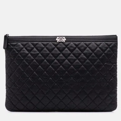 Pre-owned Chanel Black Large Quilted Caviar Boy O Case Clutch