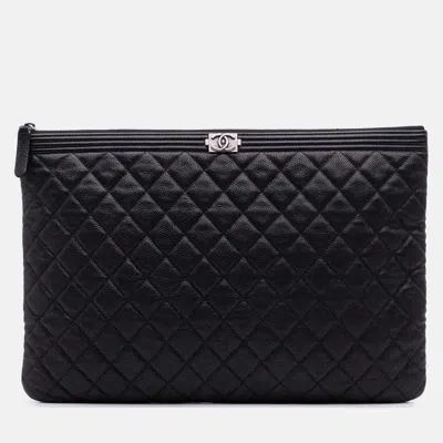 Pre-owned Chanel Black Large Quilted Caviar Boy O Case Clutch