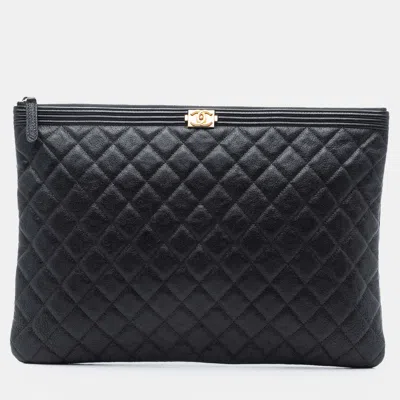 Pre-owned Chanel Black Large Quilted Caviar Boy O Case Clutch