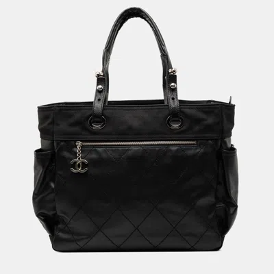 Pre-owned Chanel Black Large Quilted Coated Canvas Paris Biarritz Tote
