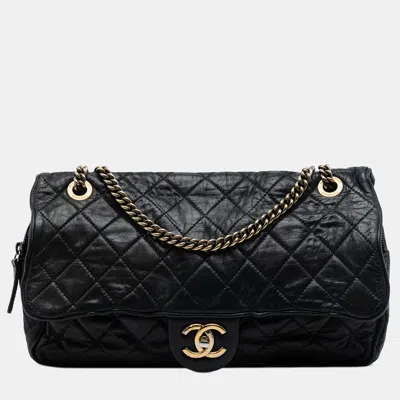Pre-owned Chanel Black Large Quilted Iridescent Calfskin Shiva Flap