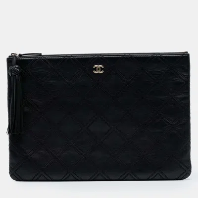Pre-owned Chanel Black Large Quilted Lambskin Double Stitch Tassel O Case Clutch