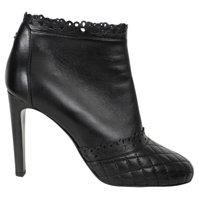 Pre-owned Chanel Black Leather 15k Scallop Trim Ankle Boots Shoes 39.5