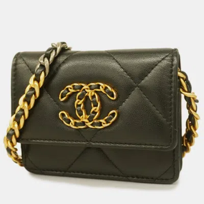 Pre-owned Chanel Black Leather 19 Card Holder With Chain