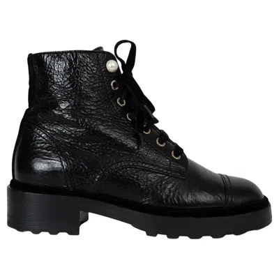 Pre-owned Chanel Black Leather 19b Pearl Embellished Shiny Combat Boots Shoes 37.5