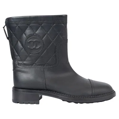 Pre-owned Chanel Black Leather 2014 14k Biker Boots Shoes 37