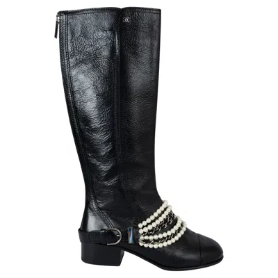 Pre-owned Chanel Black Leather 2018 18a Hamburg Pearl Chain Riding Boots Shoes 37.5