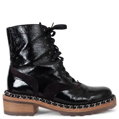 Pre-owned Chanel Black Leather & Brown Suede 15a Salzburg Chain Trim Boots Shoes 37.5