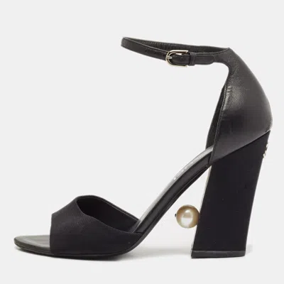 Pre-owned Chanel Black Leather And Canvas Pearl Embellishment Heel Ankle Strap Sandals Size 38.5
