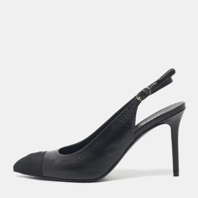 Pre-owned Chanel Black Leather And Canvas Pointed Toe Slingback Pumps Size 38.5