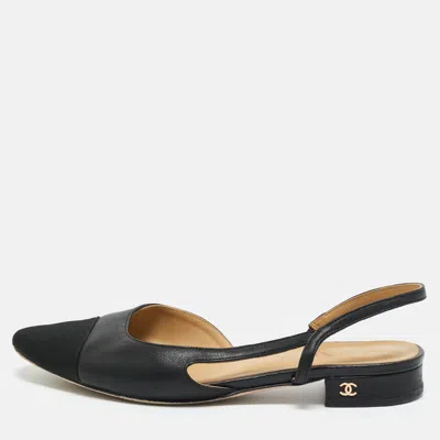 Pre-owned Chanel Black Leather And Fabric Cap Toe Cc D'osray Slingback Flats Size 40