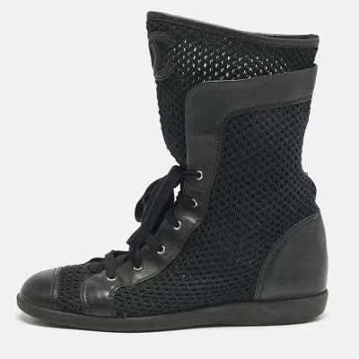 Pre-owned Chanel Black Leather And Mesh Mid Calf Boots Size 39