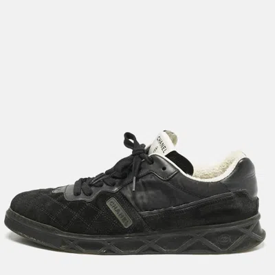 Pre-owned Chanel Black Leather And Tweed Cc Low Top Sneakers Size 41