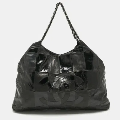Pre-owned Chanel Black Leather And Patent Leather Large Patchwork Brooklyn Cabas Tote