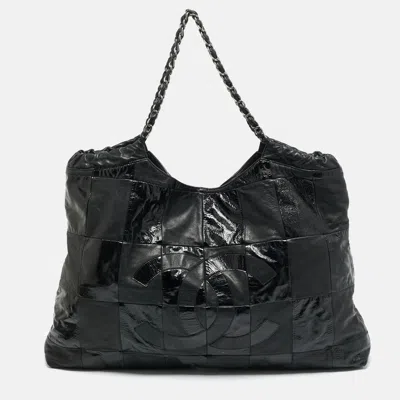 Pre-owned Chanel Black Leather And Patent Leather Large Patchwork Brooklyn Cabas Tote