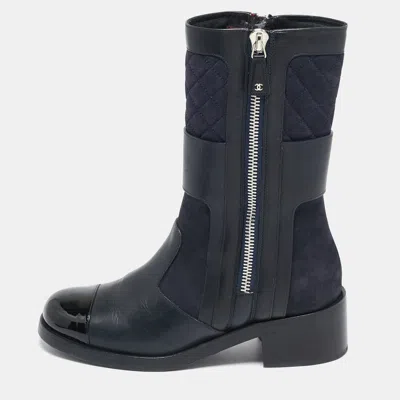 Pre-owned Chanel Black Leather And Patent Midcalf Boots Size 39