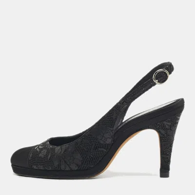 Pre-owned Chanel Black Leather And Satin Cap Toe Slingback Pumps Size 37.5