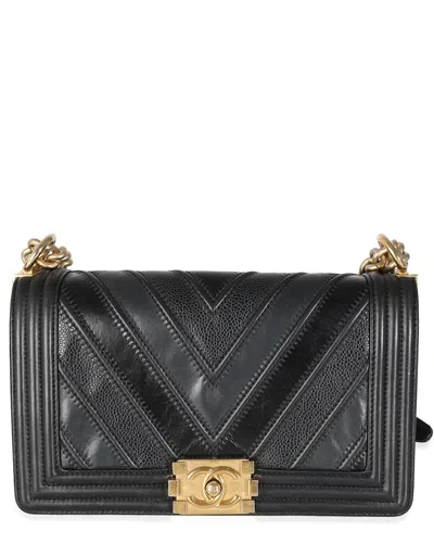 Pre-owned Chanel Black Leather & Suede In The Mix Old Medium Boy Handbag (authentic Pre-  Loved)