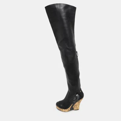 Pre-owned Chanel Black Leather Baroque Style Tall Boots Size 38.5