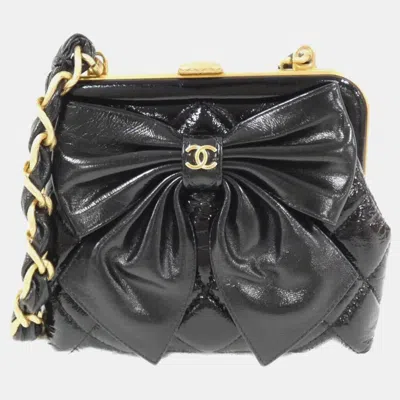 Pre-owned Chanel Black Leather Bow Chain Clutch Bag