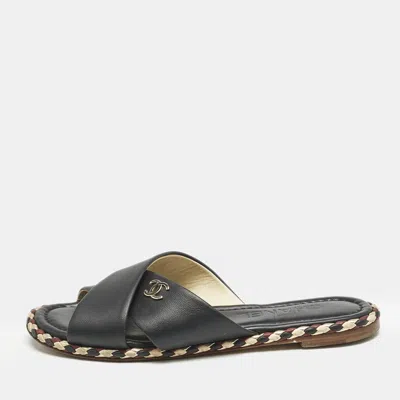 Pre-owned Chanel Black Leather Braided Trim Criss Cross Cc Flat Slide Sandals Size 36