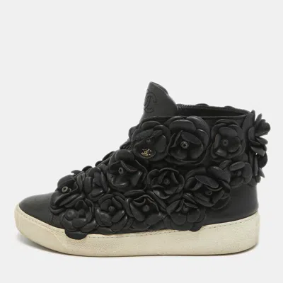 Pre-owned Chanel Black Leather Camelia High Top Sneakers Size 38.5