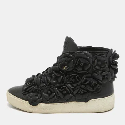 Pre-owned Chanel Black Leather Camelia High Top Trainers Size 38.5