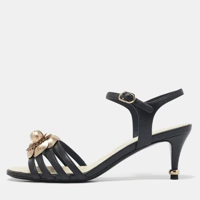 Pre-owned Chanel Black Leather Camellia Ankle Strap Sandals Size 37.5