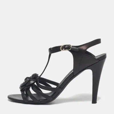 Pre-owned Chanel Black Leather Camellia Ankle Strap Sandals Size 37.5