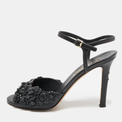 Pre-owned Chanel Black Leather Camellia Applique Ankle Strap Sandals Size 37.5