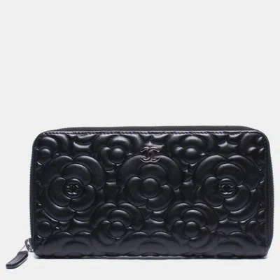 Pre-owned Chanel Black Leather Camellia Wallet
