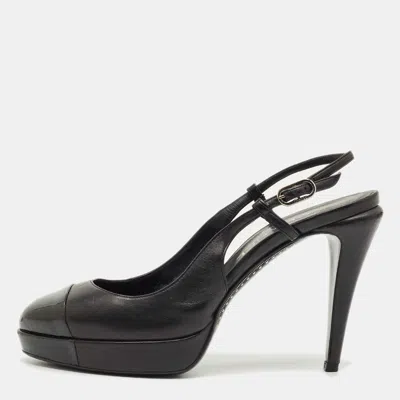 Pre-owned Chanel Black Leather Cap Toe Slingback Pumps Size 39.5