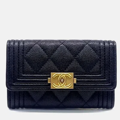 Pre-owned Chanel Black Leather Caviar Boy Card Holder