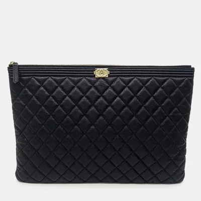 Pre-owned Chanel Black Leather Caviar Boy Large Clutch