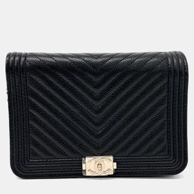 Pre-owned Chanel Black Leather Caviar Chevron Boy Woc Mini Crossbody Bag