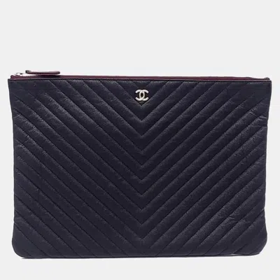 Pre-owned Chanel Black Leather Caviar Chevron Clutch Large