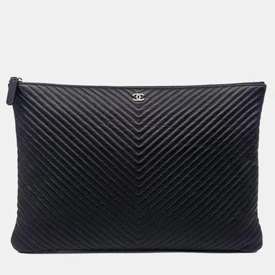 Pre-owned Chanel Black Leather Caviar Chevron Large Clutch