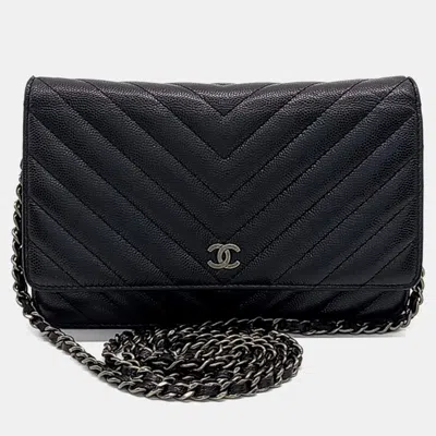Pre-owned Chanel Black Leather Caviar Chevron Woc Mini Crossbody Bag