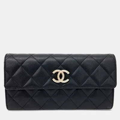 Pre-owned Chanel Black Leather Caviar Long Wallet